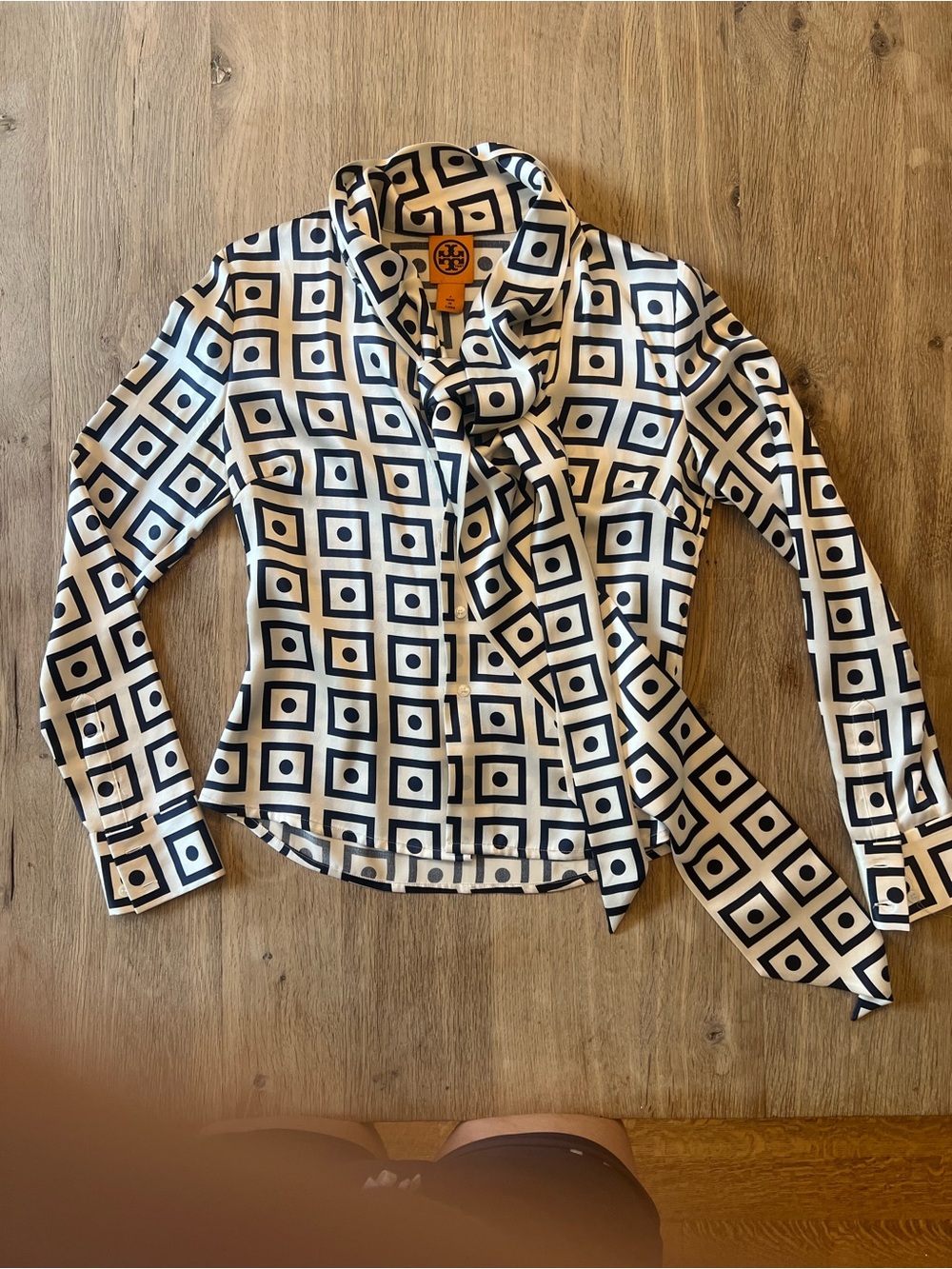 Tory Burch Silk  Navy and White Geometric Tie-Neck Blouse